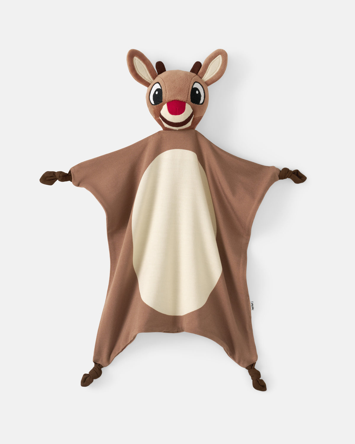 A plush reindeer-shaped baby lovey blanket with brown fabric body, cream belly, and red nose, shown against a light gray background.