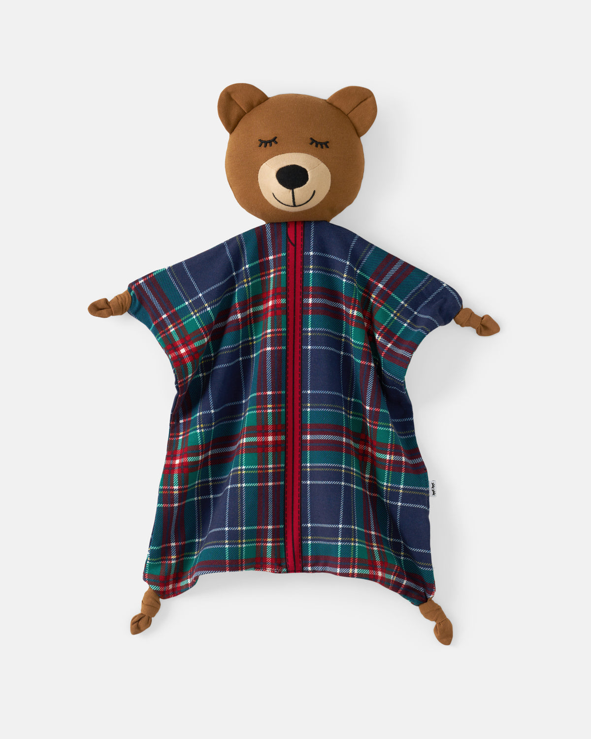 A teddy bear security blanket featuring a brown plush bear head and body with a blue, green, and red tartan plaid fabric body, set against a plain light gray background.