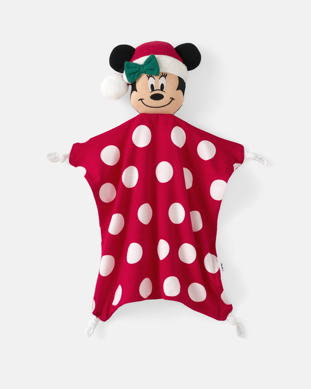 A festive Christmas-themed baby security blanket featuring a red plush body with white polka dots, a Minnie Mouse head, a Santa hat, and a green bow, displayed against a light gray background.