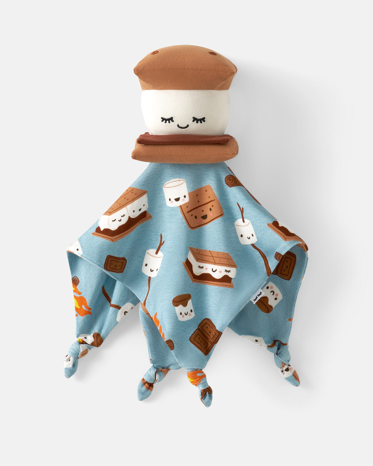 A s'mores-themed baby lovey security blanket featuring a plush marshmallow head and a light blue octagonal fabric body printed with cute s'mores illustrations, set against a plain light gray background.