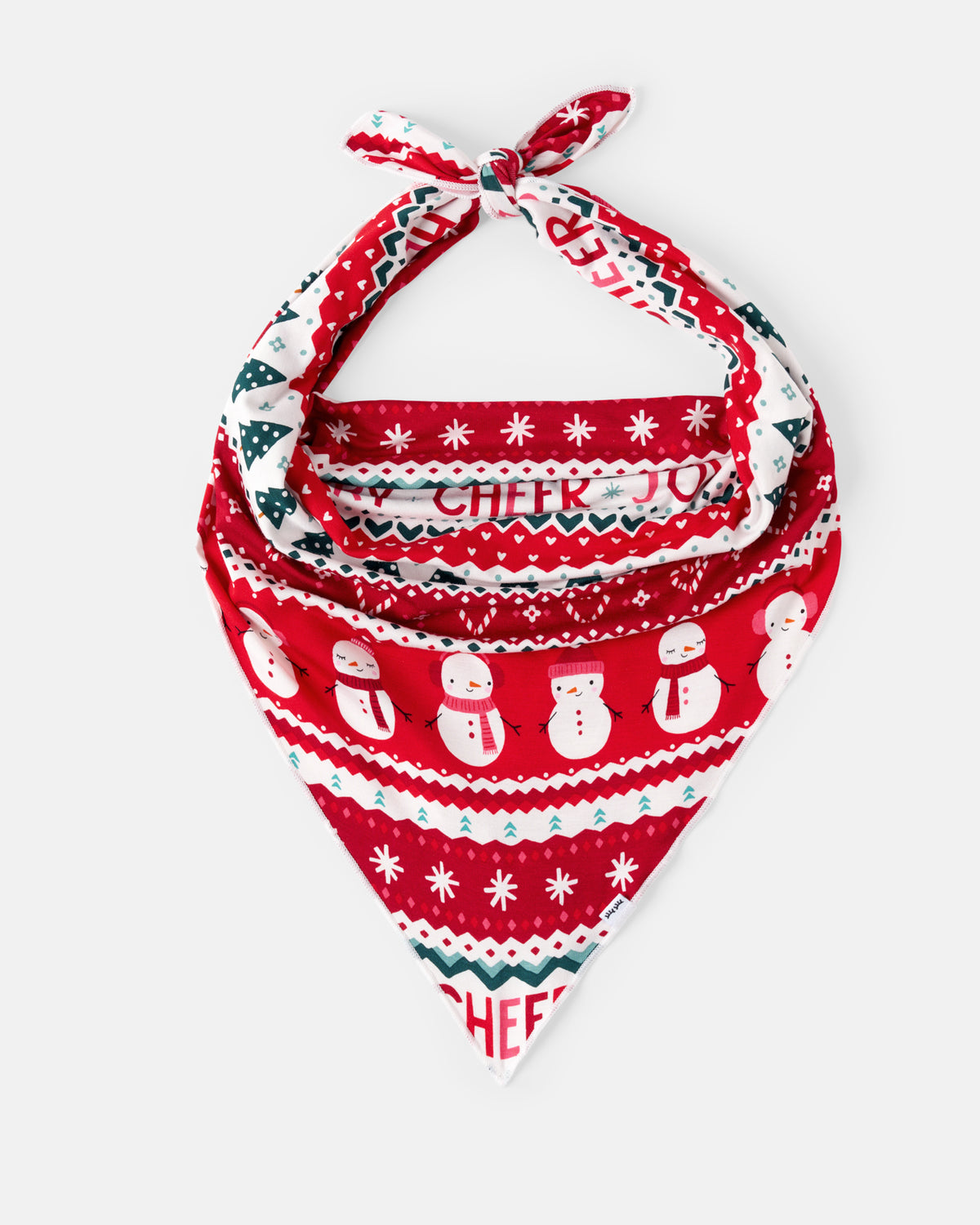 A red and white holiday-themed pet bandana with snowman prints and festive patterns, tied at the top on a light gray background.