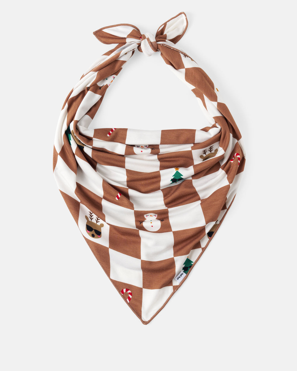 A brown and white checkered bandana with small holiday-themed illustrations including a snowman, Christmas tree, candy cane, and Santa Claus, tied at the top and displayed on a light gray background.