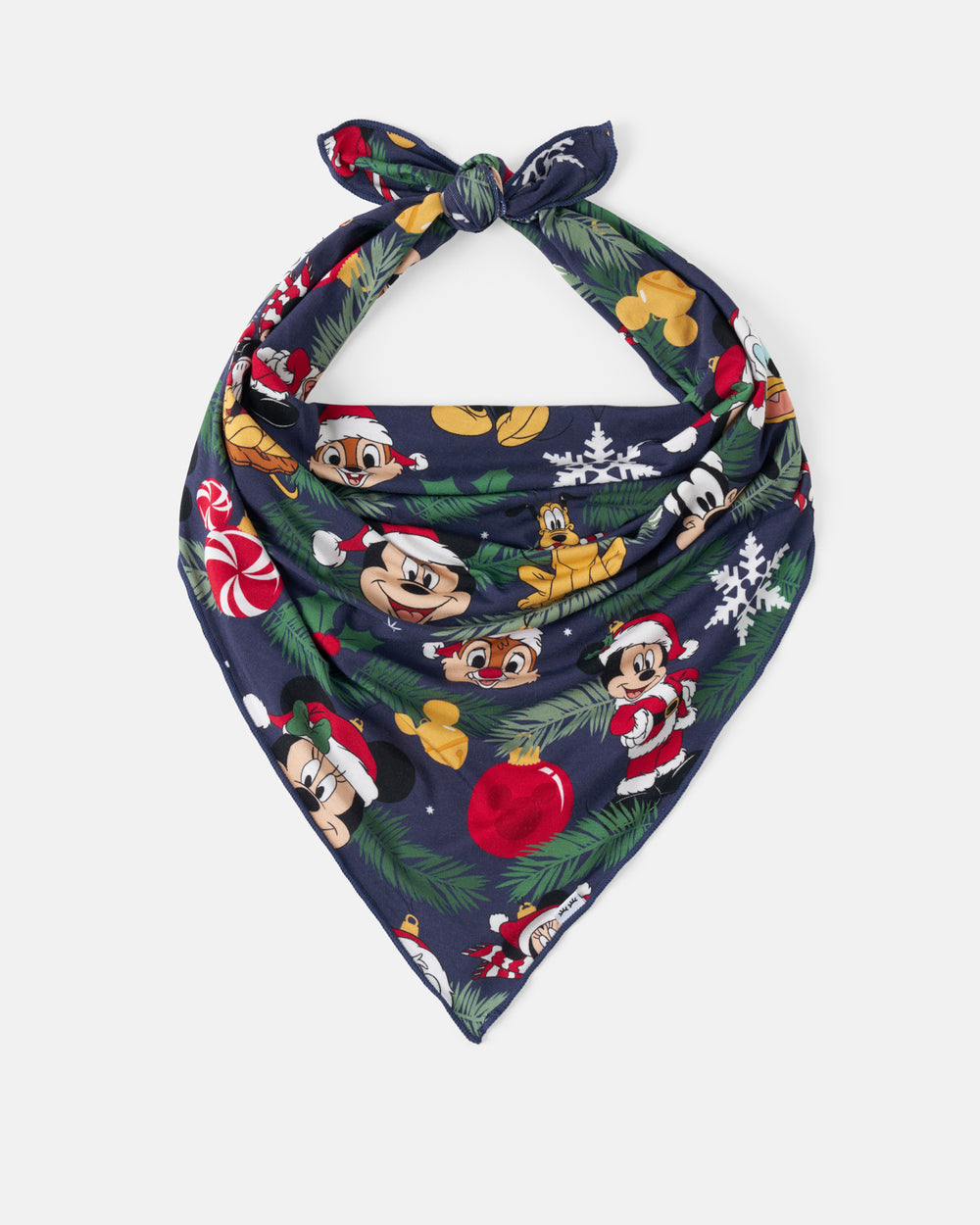 A navy blue knotted bandana featuring a festive Christmas print with Disney characters like Mickey Mouse, Minnie Mouse, Donald Duck, Goofy, Pluto, and Chip 'N' Dale, along with pine branches, candy canes, snowflakes, and ornaments, shown on a light gray background.