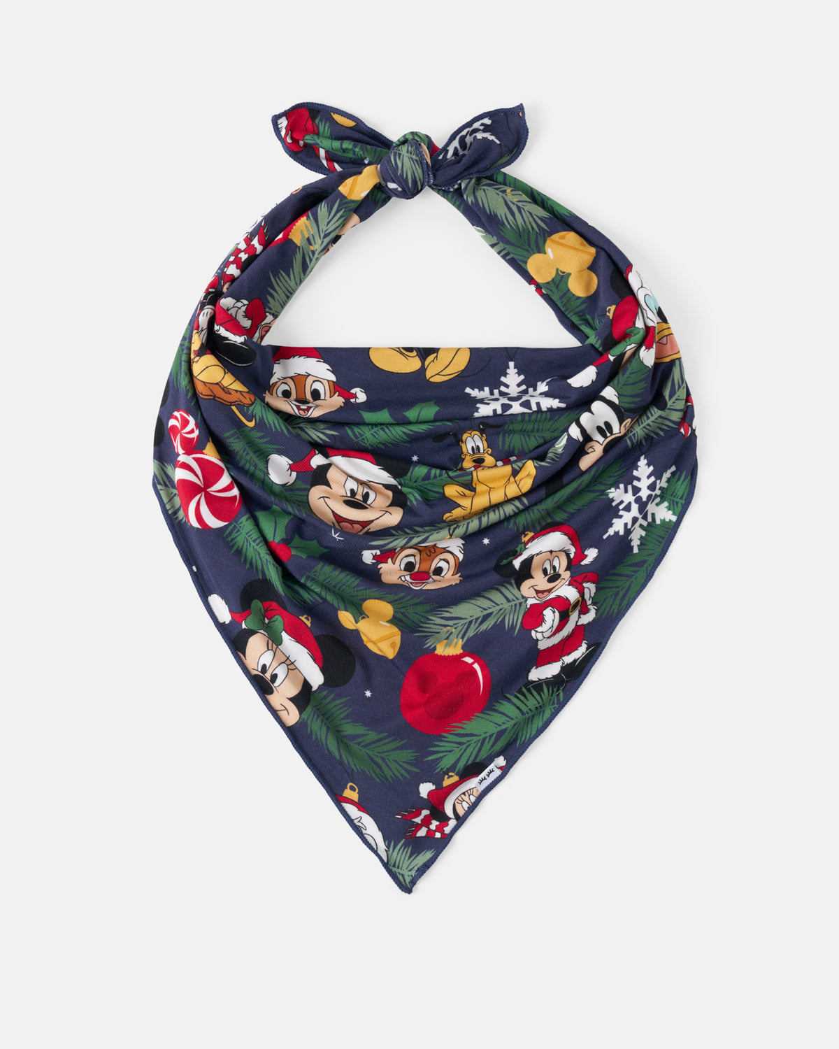 A navy blue knotted bandana featuring a festive Christmas print with Disney characters like Mickey Mouse, Minnie Mouse, Donald Duck, Goofy, Pluto, and Chip 'N' Dale, along with pine branches, candy canes, snowflakes, and ornaments, shown on a light gray background.