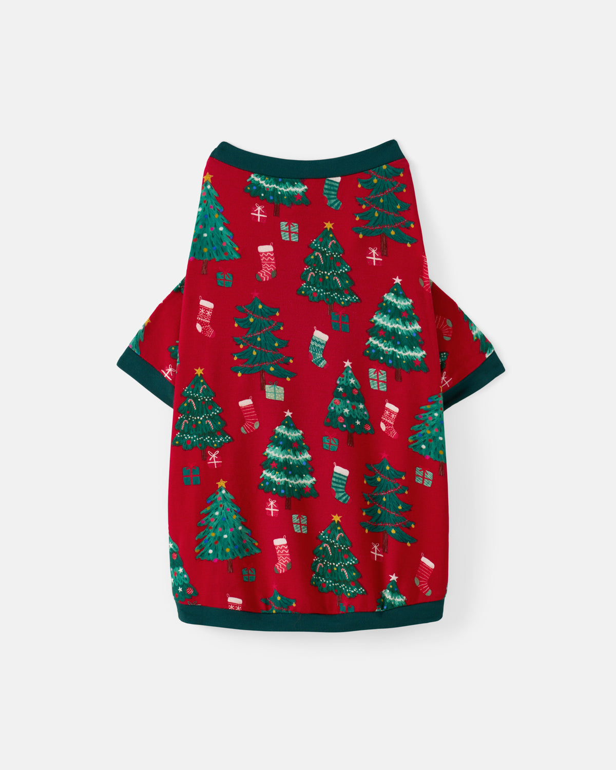 A red short-sleeve pet sweater with a green Christmas tree and stocking pattern, featuring dark green trim on the collar, cuffs, and hem, displayed on a light gray background.