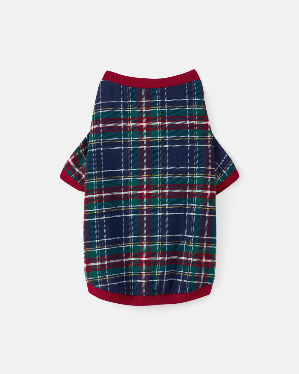 A short-sleeve dog shirt with a navy blue tartan plaid pattern featuring green, red, and white stripes, finished with solid red ribbed trim at the collar, sleeve cuffs, and hem.