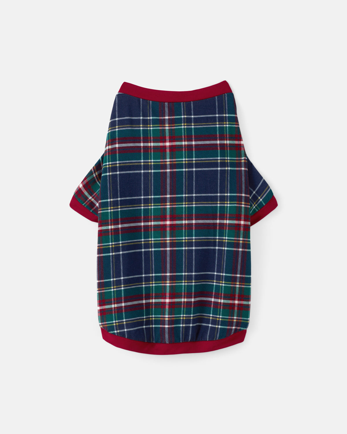 A short-sleeve dog shirt with a navy blue tartan plaid pattern featuring green, red, and white stripes, finished with solid red ribbed trim at the collar, sleeve cuffs, and hem.