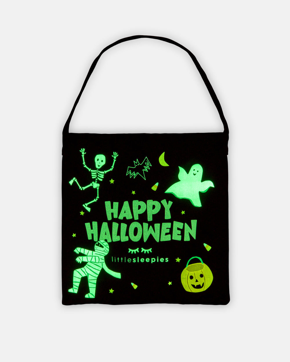 Flat lay of the glow in the dark Little Sleepies Halloween Treat Bag