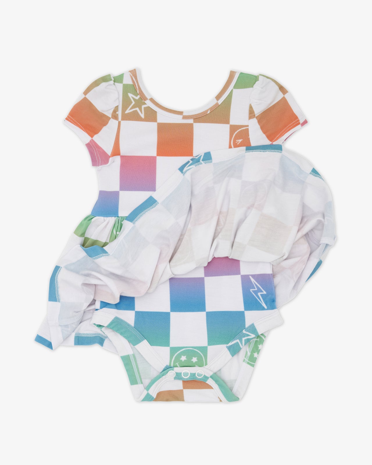 Flat lay of the Ombre Cheery Checks Skater Dress with Bodysuit showing the built in snap bodysuit