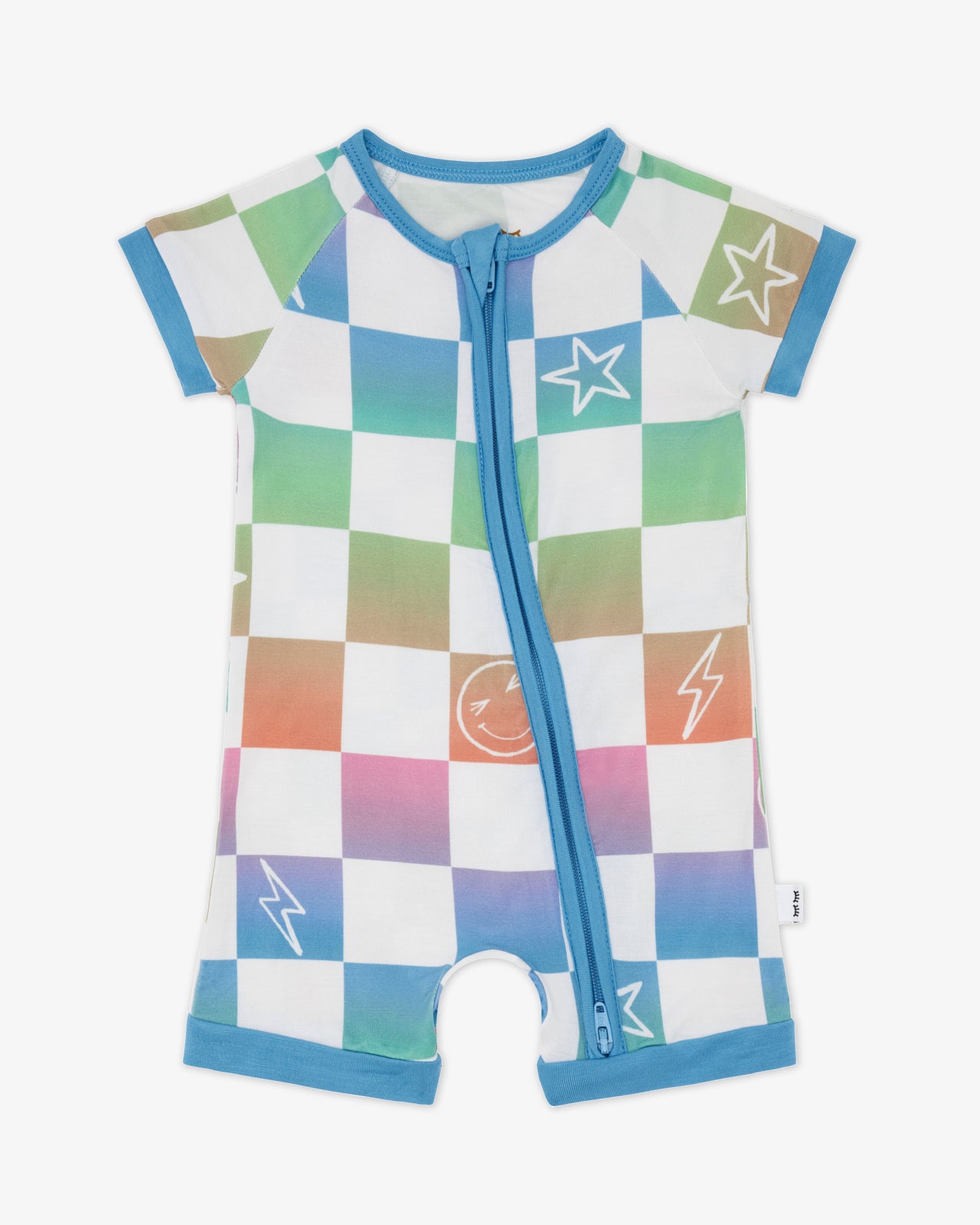 Flat lay of the Ombre Cheery Checks Shorty Zippy