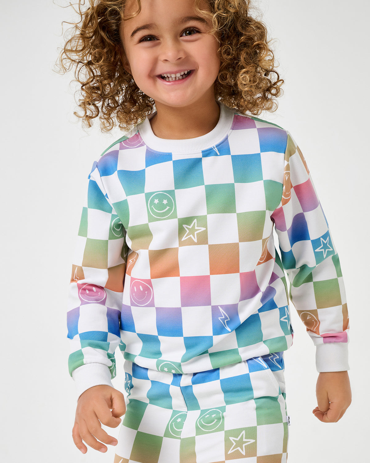 Girl wearing the Ombre Cheery Checks Crewneck Sweatshirt