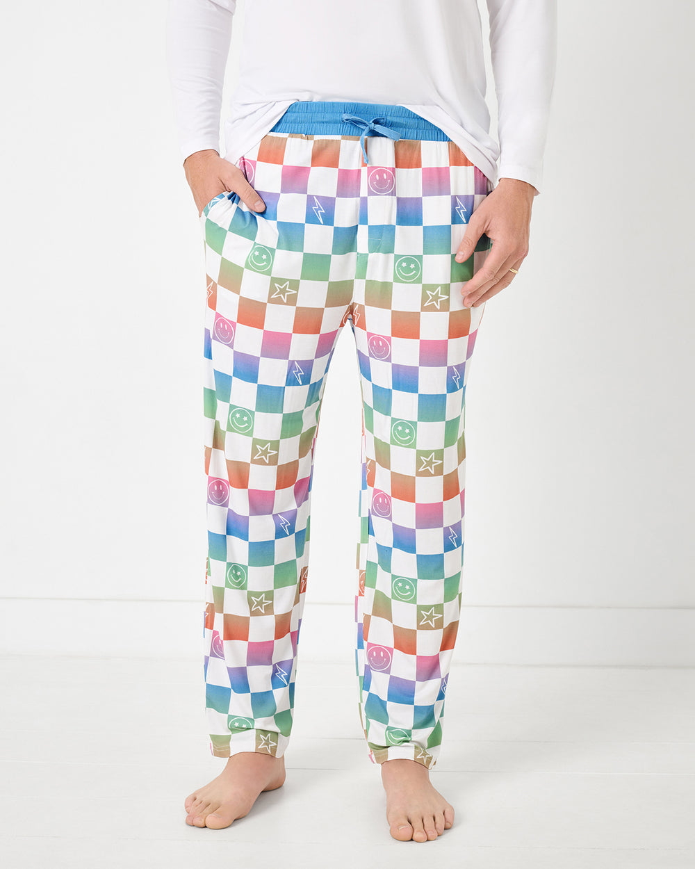 Man wearing the Ombre Cheery Checks Men's Pajama Pants