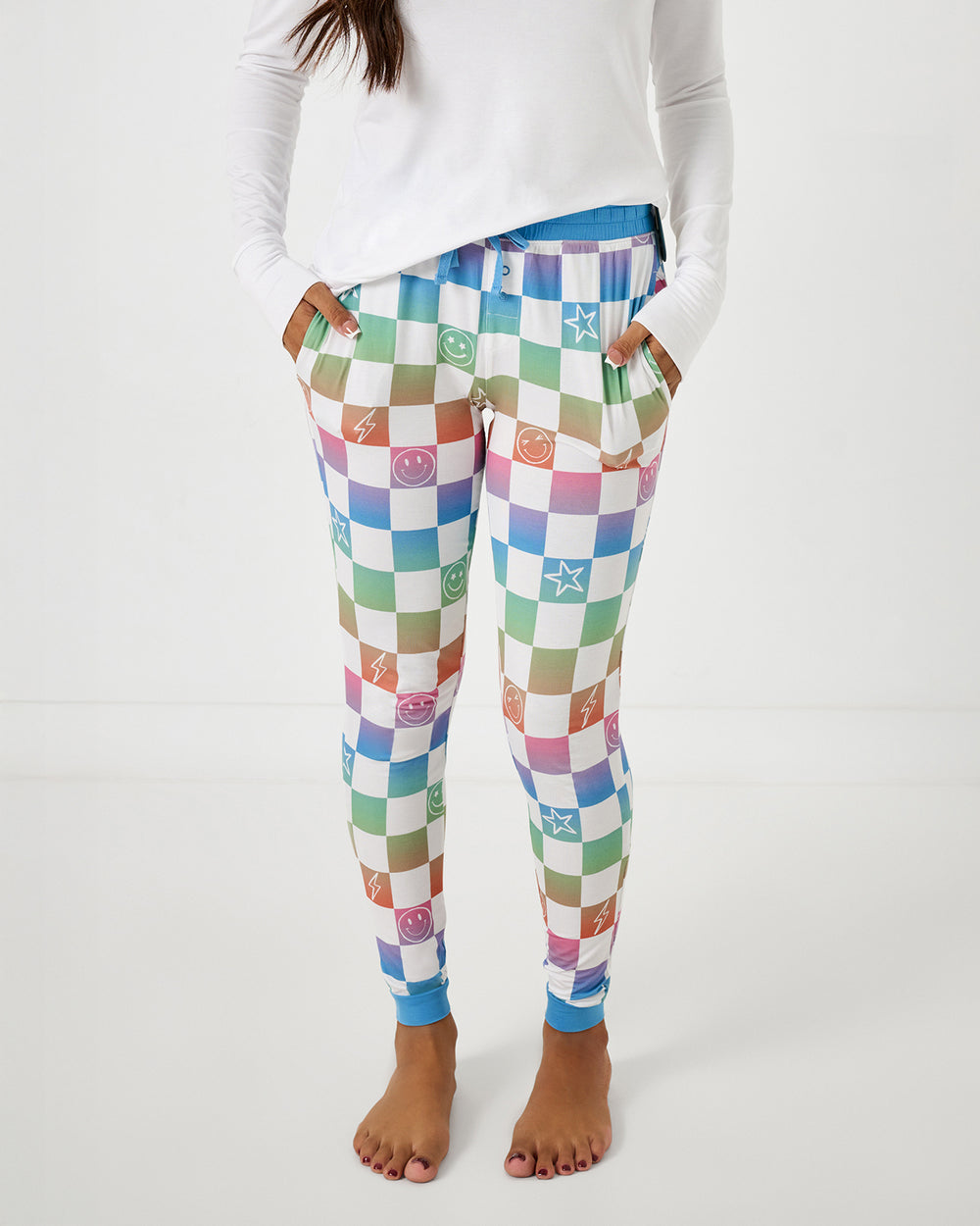 Woman wearing the Ombre Cheery Checks Women's Pajama Pants