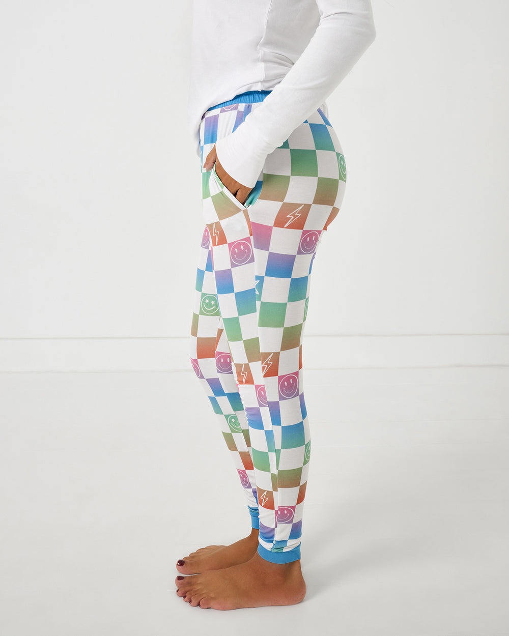 Side view of woman wearing the Ombre Cheery Checks Women's Pajama Pants