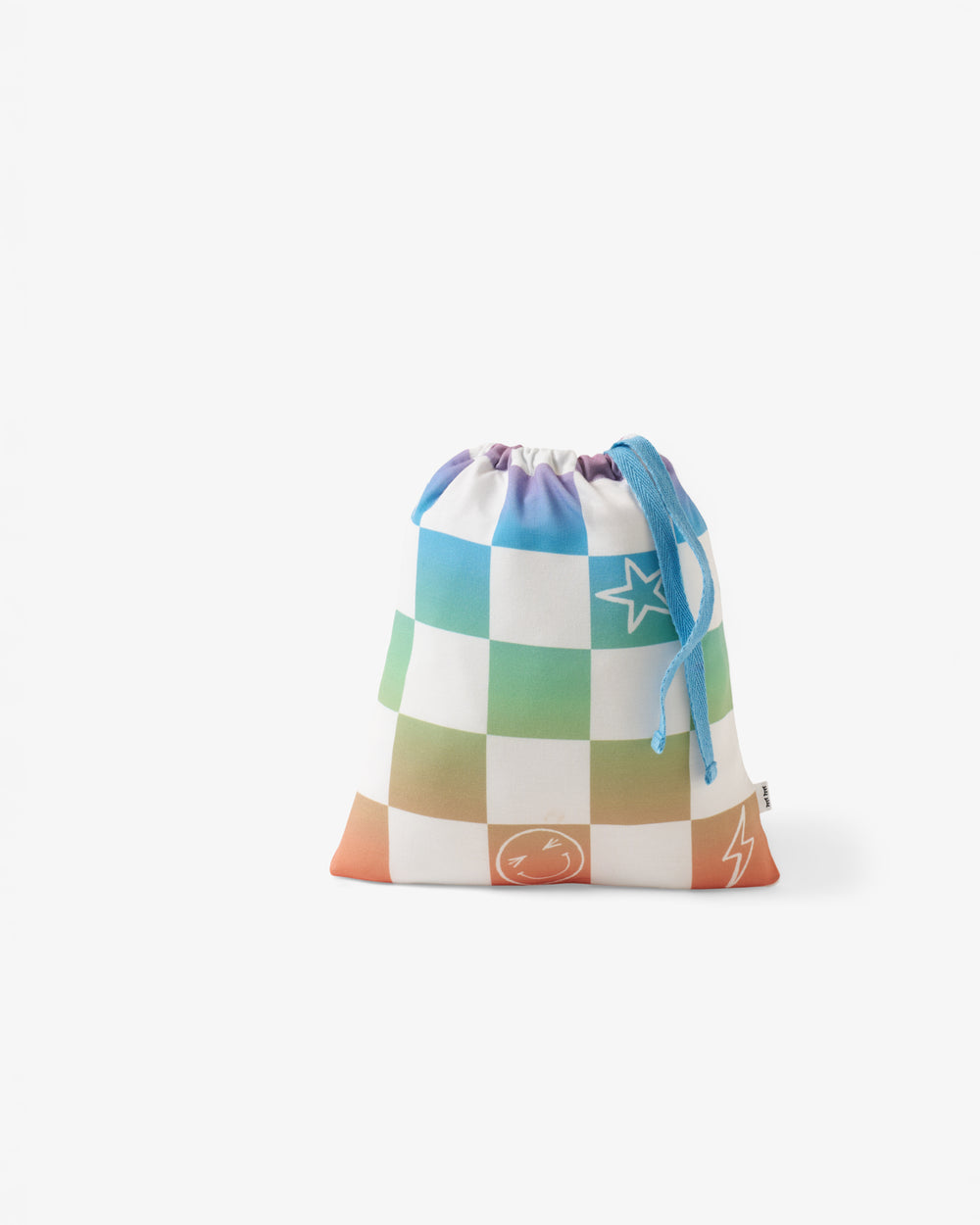 Flat lay of the Ombre Cheery Checks Fitted Crib Sheet drawstring bag