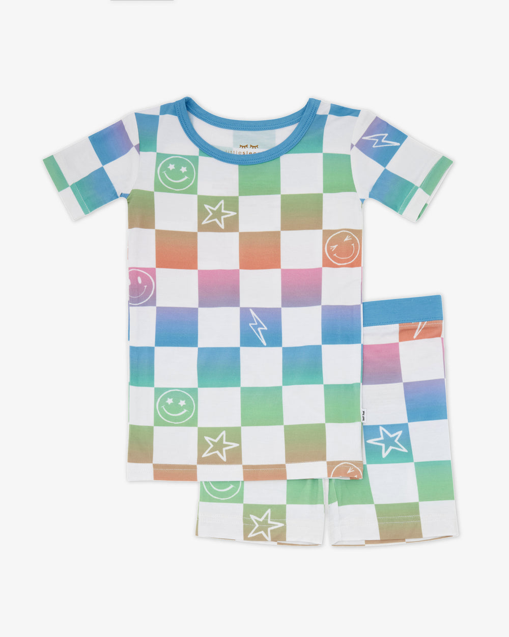 Flat lay of the Ombre Cheery Checks Two-Piece Short Sleeve & Shorts Pajama Set