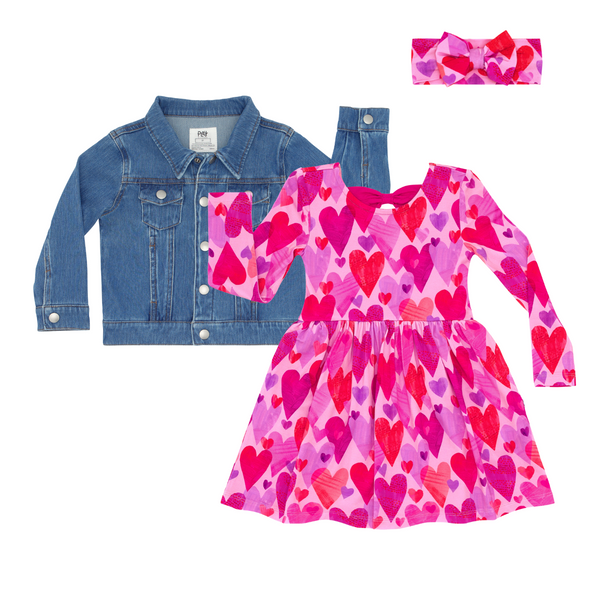 flat lay composite of a pink hearts & crafts bow back skater dress and luxe bow headband, and midwash blue denim trucker jacket