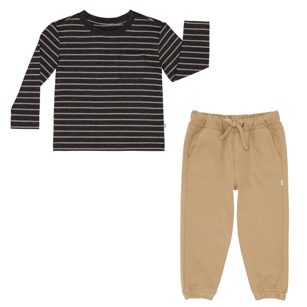 flat lay composite of a heather black stripes relaxed pocket tee and toasted hazelnut denim jogger