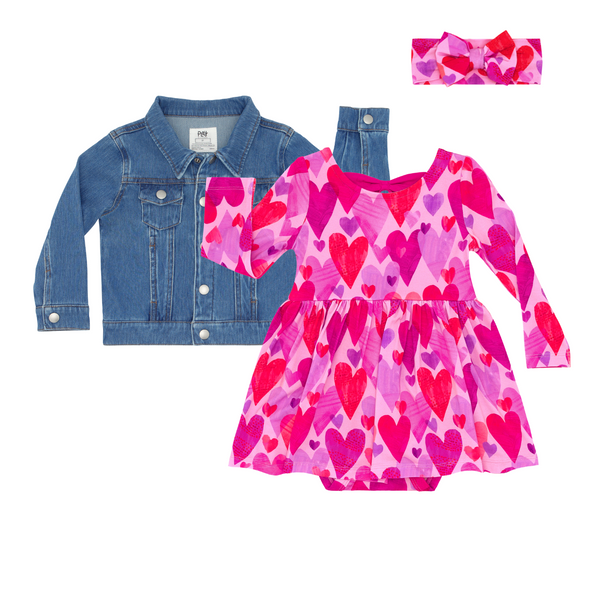 flat lay composite of a pink hearts & crafts bow back skater dress with bodysuit and luxe bow headband, and midwash blue denim trucker jacket