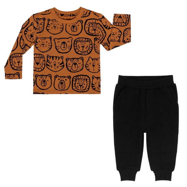 flat lay composite of an amber lions, tigers & bears relaxed tee and black jogger