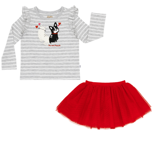 flat lay composite of a furever friends flutter tee and candy red tutu skirt