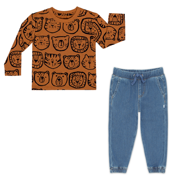 flat lay composite of an amber lions, tigers & bears relaxed tee and midwash blue denim jogger