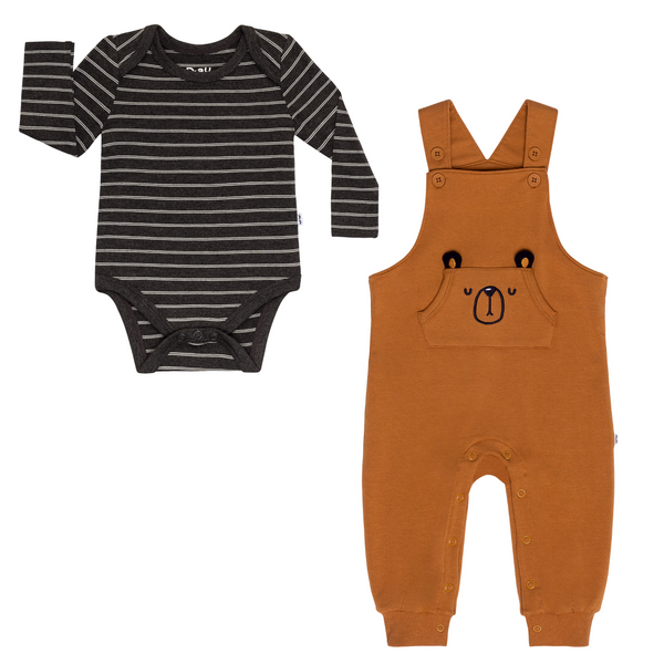 flat lay composite of a heather black stripes bodysuit and golden brown graphic overall