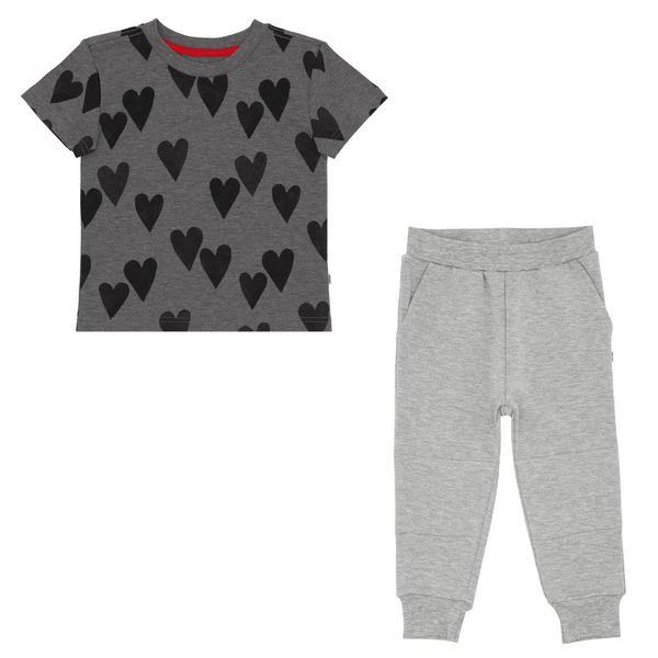 flat lay composite of a heather hearts relaxed tee and heather gray jogger