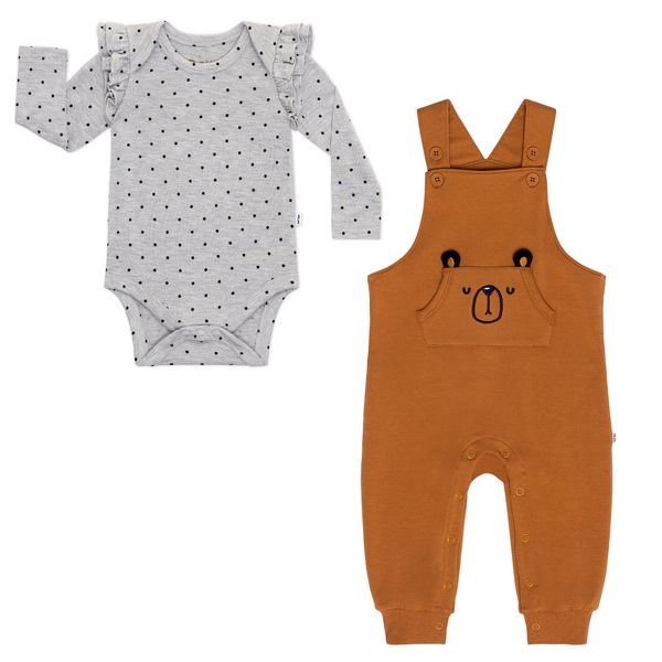 flat lay composite of a ditsy dots flutter bodysuit and golden brown graphic overall