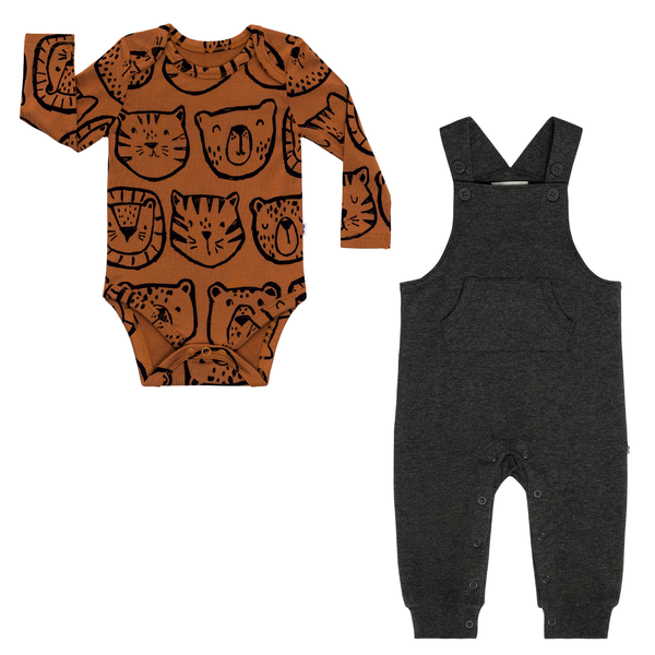 flat lay composite of an amber lions, tigers & bears bodysuit and a heather black overall