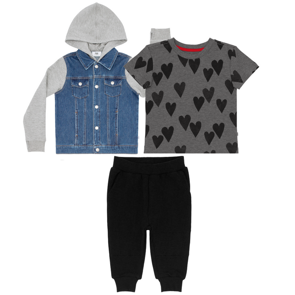 flat lay composite of a midwash blue denim jacket, heather hearts relaxed tee, and black jogger