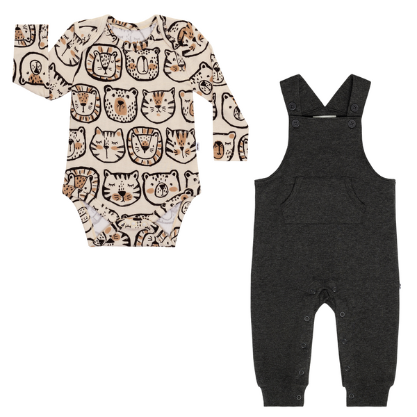 flat lay composite of a lions, tigers & bears bodysuit and heather black overall