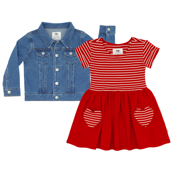 flat lay composite of a candy red patch pocket dress and midwash blue denim trucker jacket