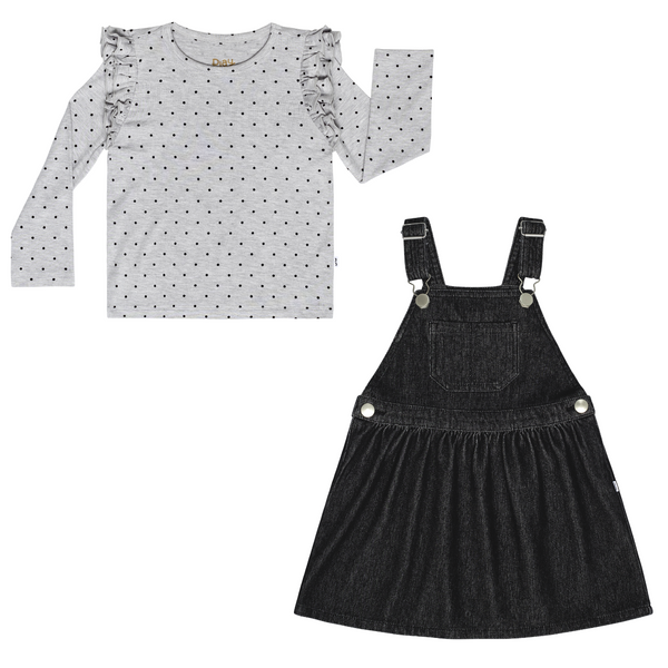 flat lay composite of a ditsy dots flutter tee and black denim tank skirt overall