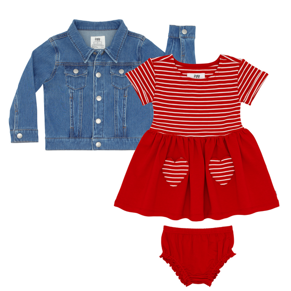 flat lay composite of a candy red patch pocket dress with bloomer and midwash blue denim trucker jacket