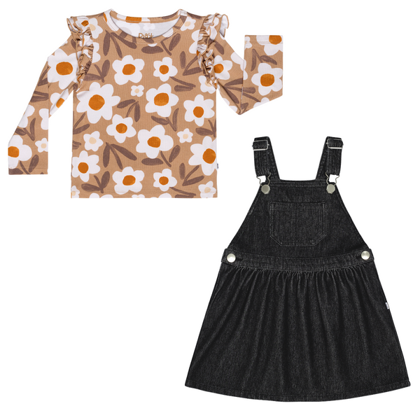 flat lay composite of a daisy daydream flutter tee and black denim tank skirt overall