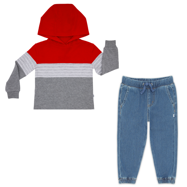 flat lay composite of a candy red colorblock hooded tee and midwash blue denim jogger