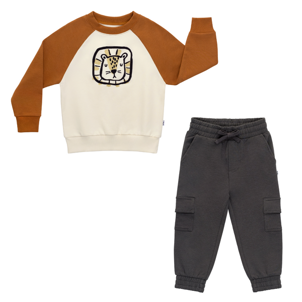 flat lay composite of an arctic raglan crewneck and washed black cargo jogger