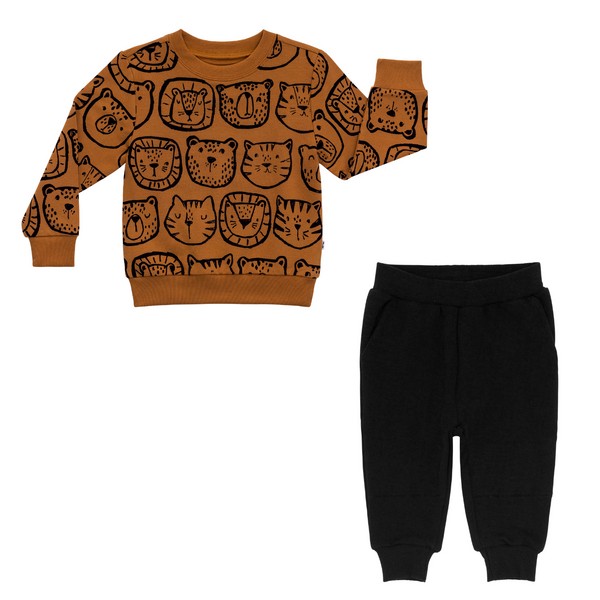 flat lay composite of an amber lions, tigers & bears crewneck sweatshirt and black jogger