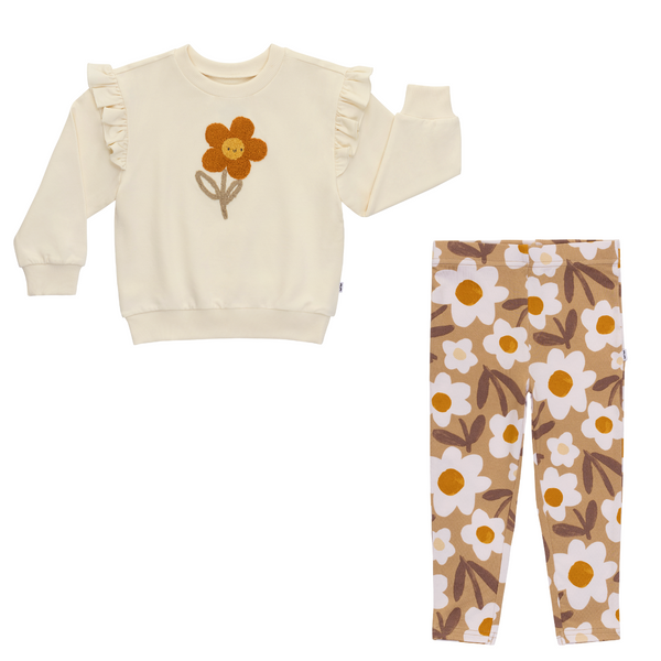 flat lay composite of an arctic flutter crewneck and daisy daydream legging