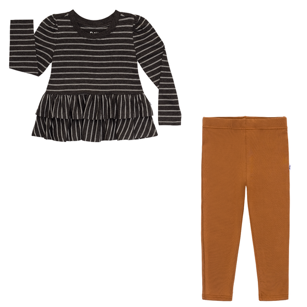 flat lay composite of a heather black stripes tiered peplum top and golden brown legging