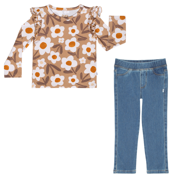 flat lay composite of a daisy daydream flutter tee and midwash blue denim jegging