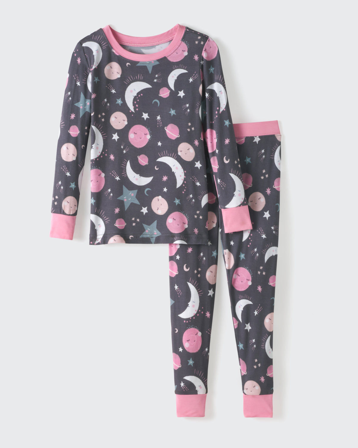 Flat lay of the Pink To the Moon & Back Two-Piece Pajama Set