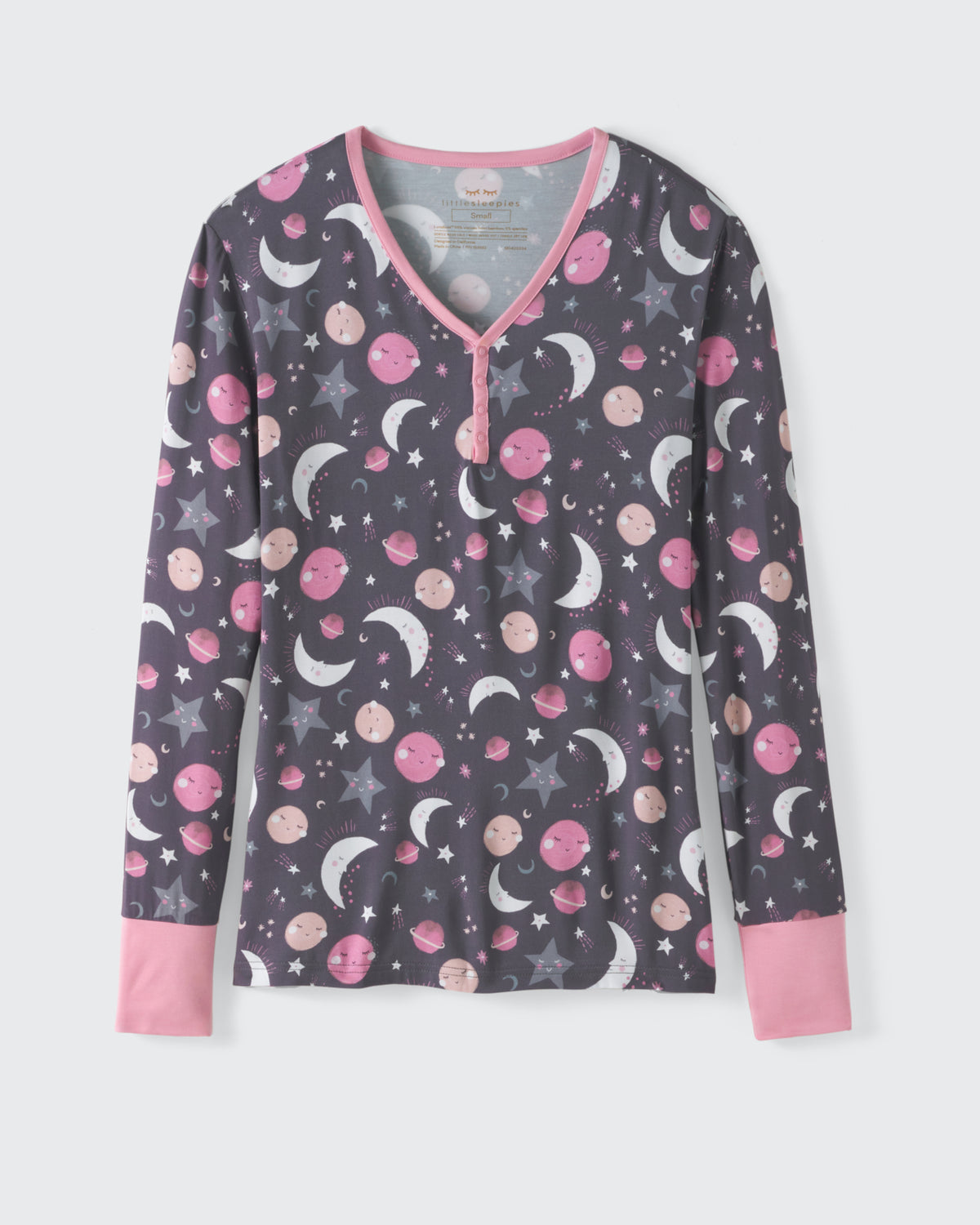 Flat lay of the Pink To the Moon & Back Women's Bamboo Viscose Pajama Top