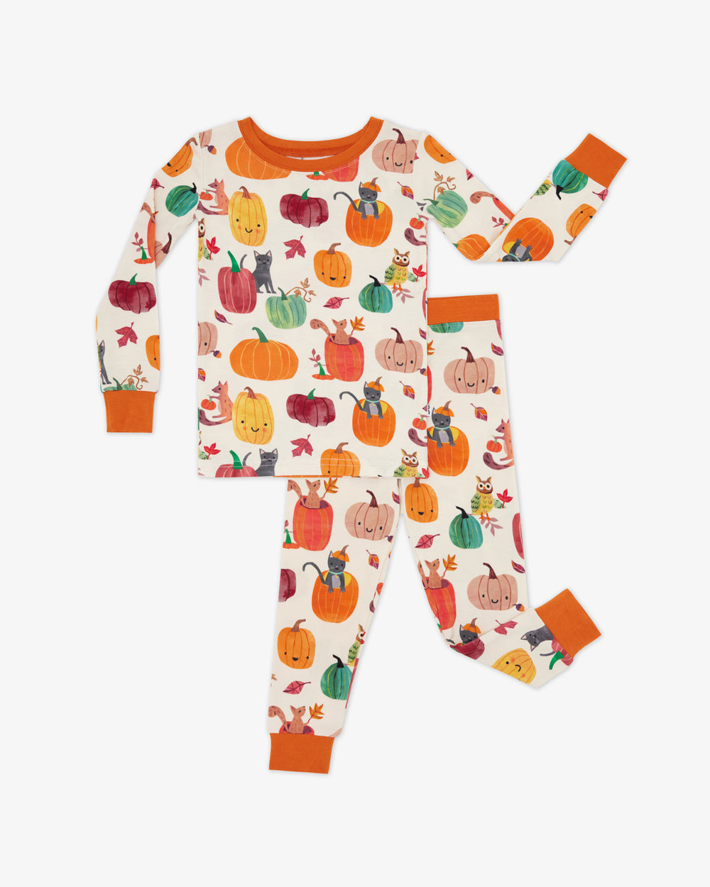 Flat lay of the Pumpkin Pals Two-Piece Pajama Set
