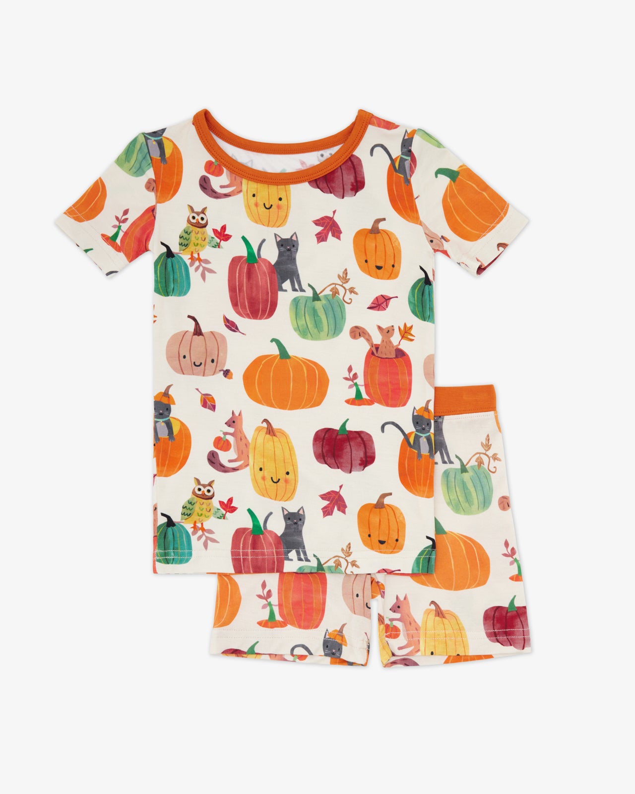 Flat lay of the Pumpkin Pals Two-Piece Short Sleeve & Shorts Pajama Set