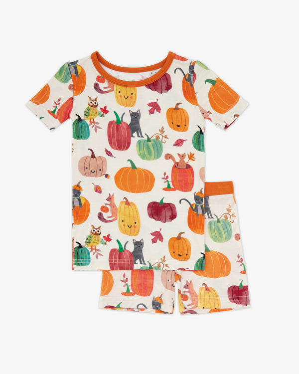 Flat lay of the Pumpkin Pals Two-Piece Short Sleeve & Shorts Pajama Set
