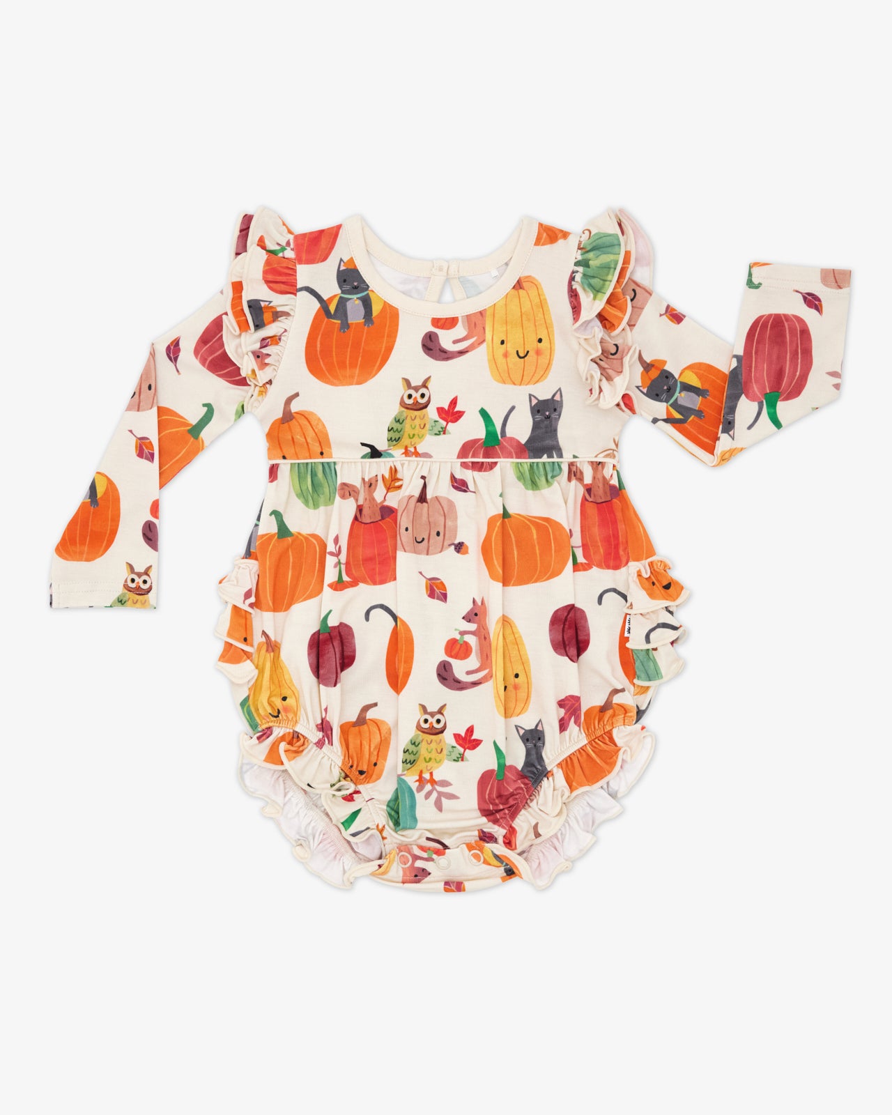Flat lay of the Pumpkin Pals Bubble Romper