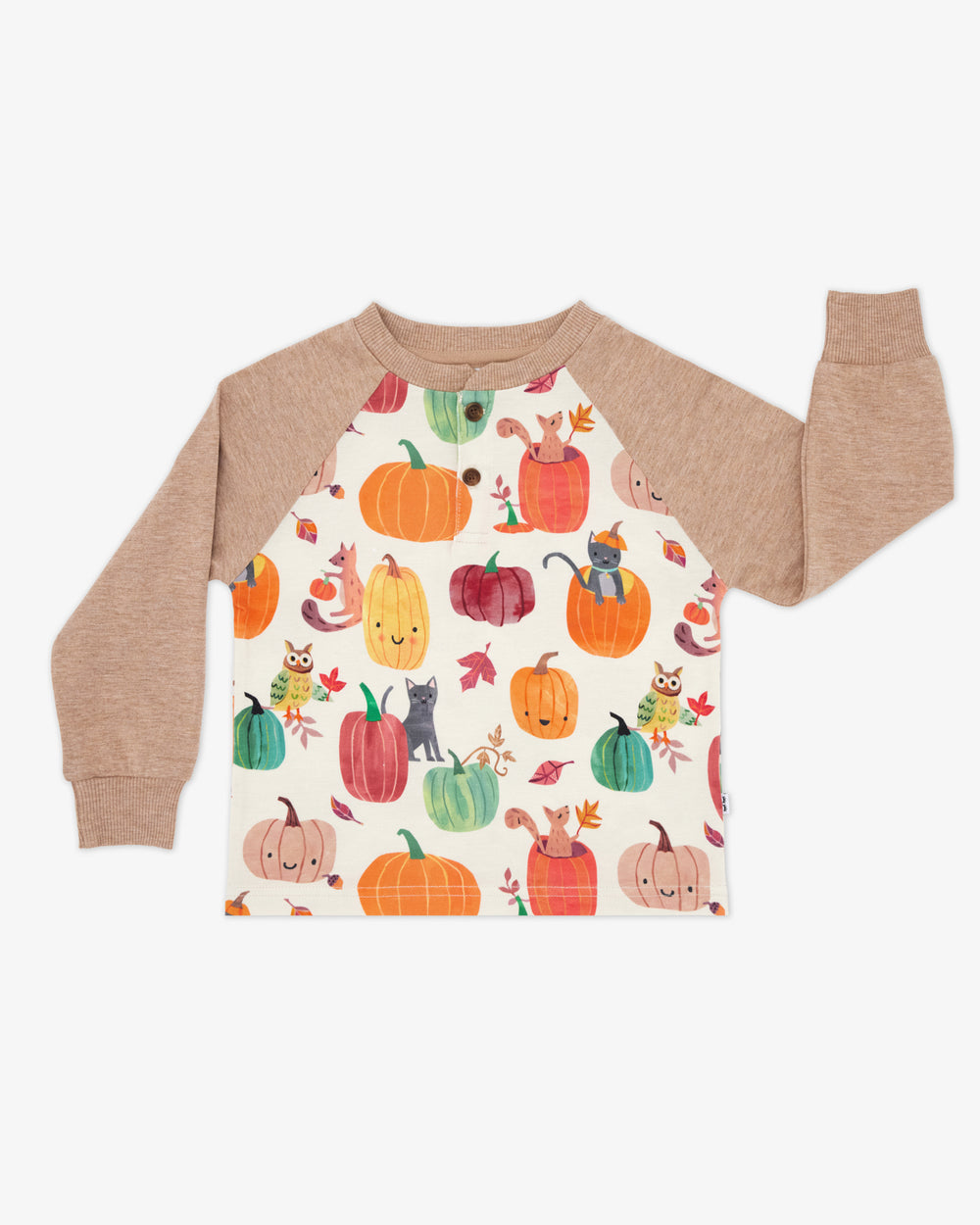 Flat lay of the Pumpkin Pals Raglan Henley Tee
