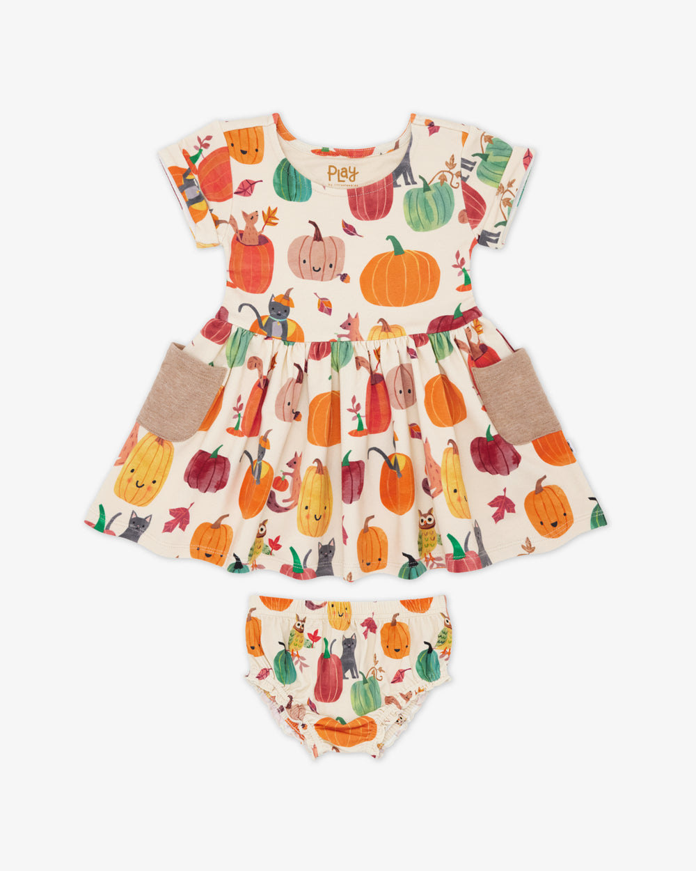 Flat lay of the Pumpkin Pals Patch Pocket Dress with Bloomer
